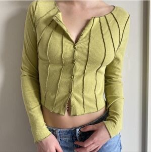 Urban Outfitters Women's Cardigan Cotton Blend Extra Small Lime Green Ribbed